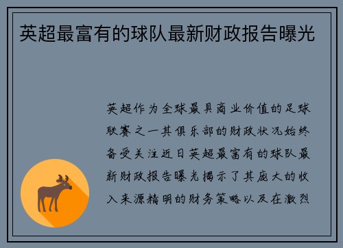 英超最富有的球队最新财政报告曝光